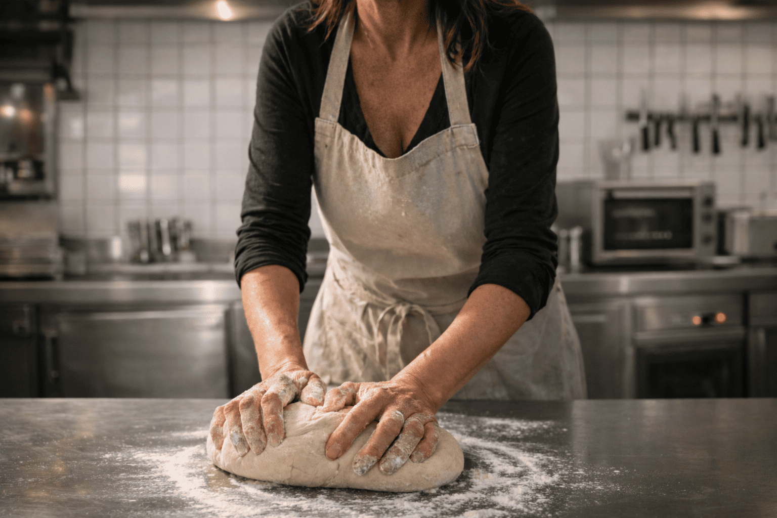 Mujer amasando masa fresca en la cocina de Los Italianos